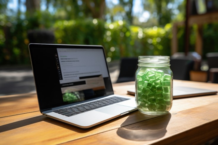 Ein Glas mit grünen durchsichtigen Würfeln, das auf einem Holztisch neben einem offenen Laptop steht.