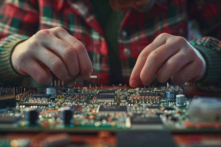 Techniker beim Zusammenbau des Motherboards.