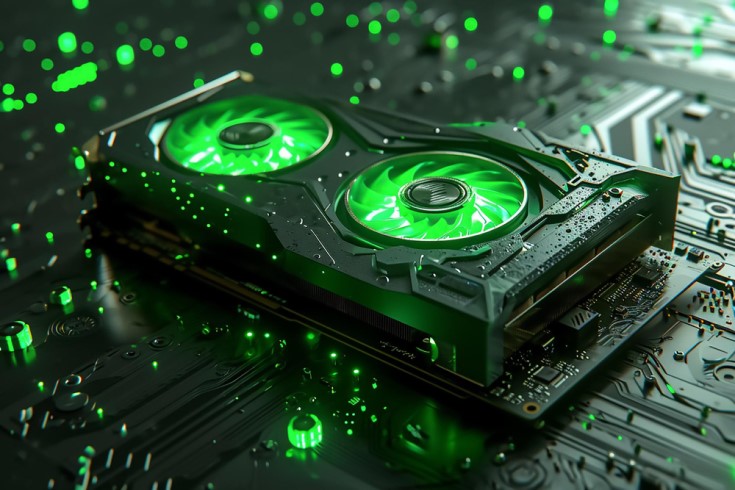 A graphics card with glowing green fans, set on a circuit board with illuminated elements.