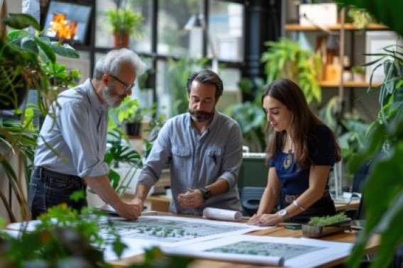 Drei Personen, die an architektonischen Plänen in einem grünen, pflanzengefüllten Arbeitsplatz zusammenarbeiten.