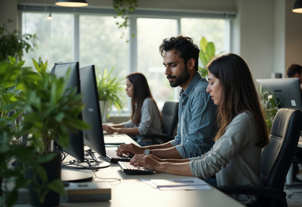 Zwei Mitarbeiter arbeiten konzentriert am Computer in einem nachhaltigen Büro mit grünen Pflanzen – Innovationen in der IT.