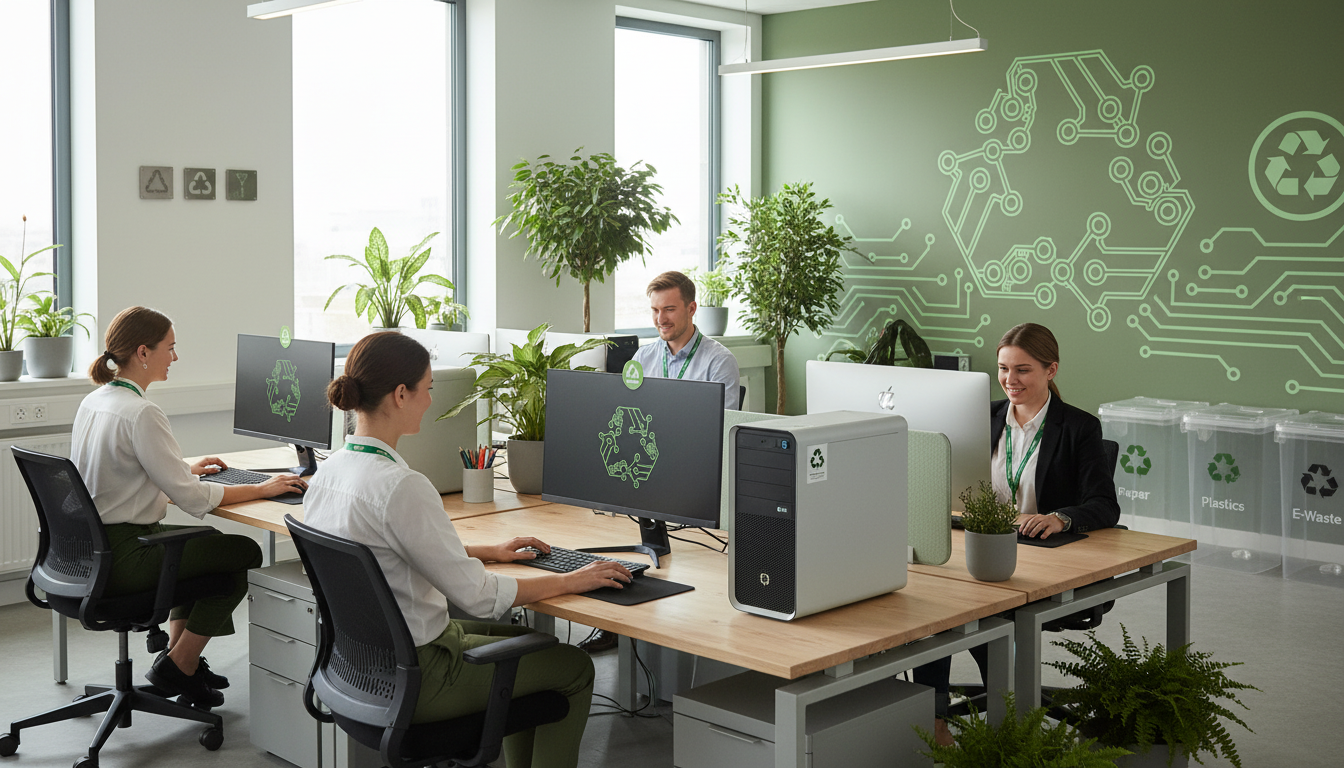 Mitarbeiter arbeiten an modernen, umweltfreundlichen IT-Geräten in einem Büro mit grünen Pflanzen und Recycling-Symbolen, die Nachhaltigkeit und IT-Aufbereitung betonen.