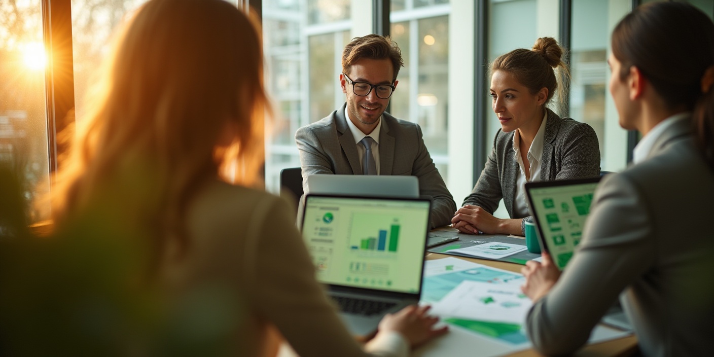 Zwei Mitarbeiter arbeiten konzentriert am Computer in einem nachhaltigen Büro mit grünen Pflanzen – Innovationen in der IT.