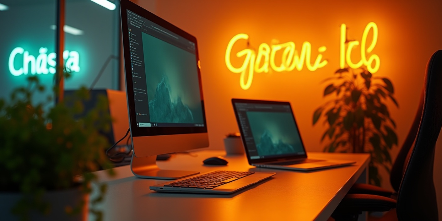 Technician refurbishing a computer in an eco-friendly office with wind turbines visible through the window at sunset, representing Green IT-Remarketing.