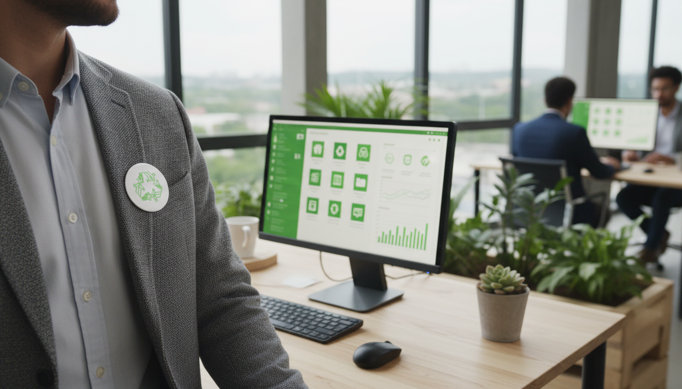 Ein Computerbildschirm mit einem grünen Recycling-Symbol in einem modernen, nachhaltigen Büro, das Investition in umweltfreundliche Technologie darstellt.