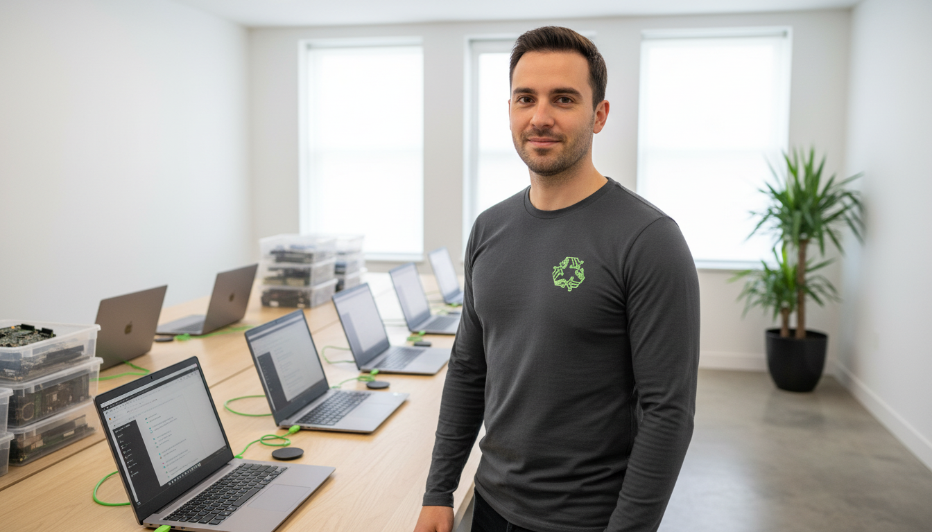 Reihe von Laptops in einem modernen Büro mit minimalistischem Design, symbolisiert professionelle Arbeitsumgebung und nachhaltige IT-Refurbishmet.