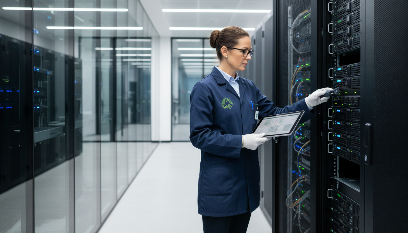 IT-Experte in einem modernen Rechenzentrum bei der Verwaltung von sicherer Datenlöschung zur Einhaltung der DSGVO und Förderung der Nachhaltigkeit.