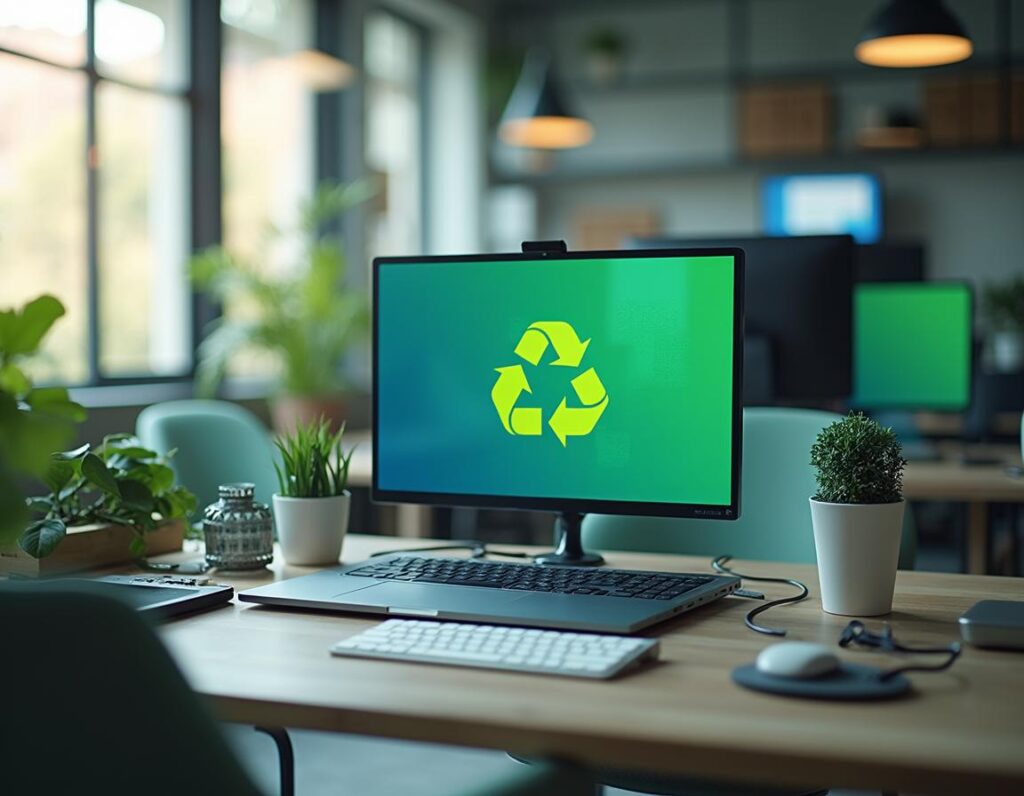 Ein Computerbildschirm mit einem grünen Recycling-Symbol in einem modernen, nachhaltigen Büro, das Investition in umweltfreundliche Technologie darstellt.