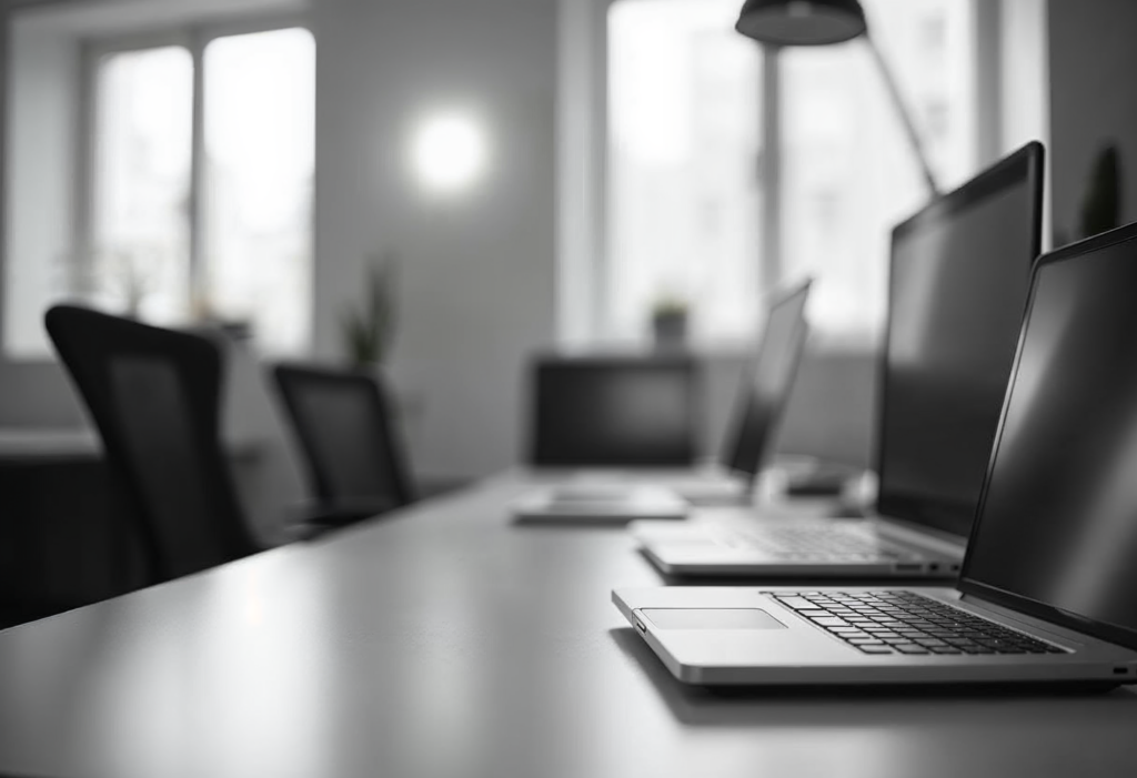 Reihe von Laptops in einem modernen Büro mit minimalistischem Design, symbolisiert professionelle Arbeitsumgebung und nachhaltige IT-Refurbishmet.