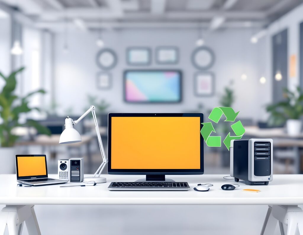 Moderner Büroschreibtisch mit wiederaufbereiteten IT-Geräten, darunter Monitor, Laptop und Desktop-Server, mit grünem Recycling-Symbol im Hintergrund, das die Wiederaufbereitung von IT-Geräten symbolisiert.