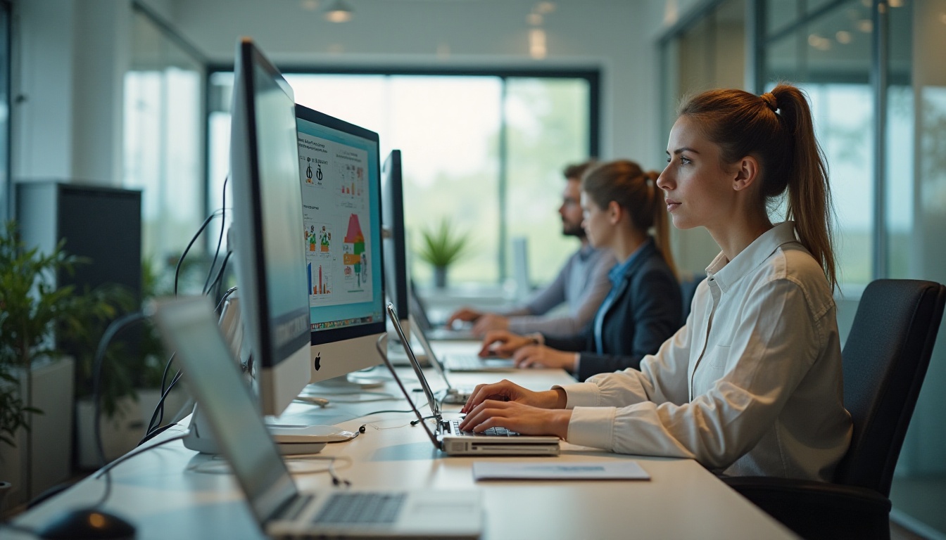 Mitarbeitende in einem modernen Büro arbeiten an refurbished Computern mit ESG-Datenanalysen – Symbolbild für nachhaltiges IT Asset-Management