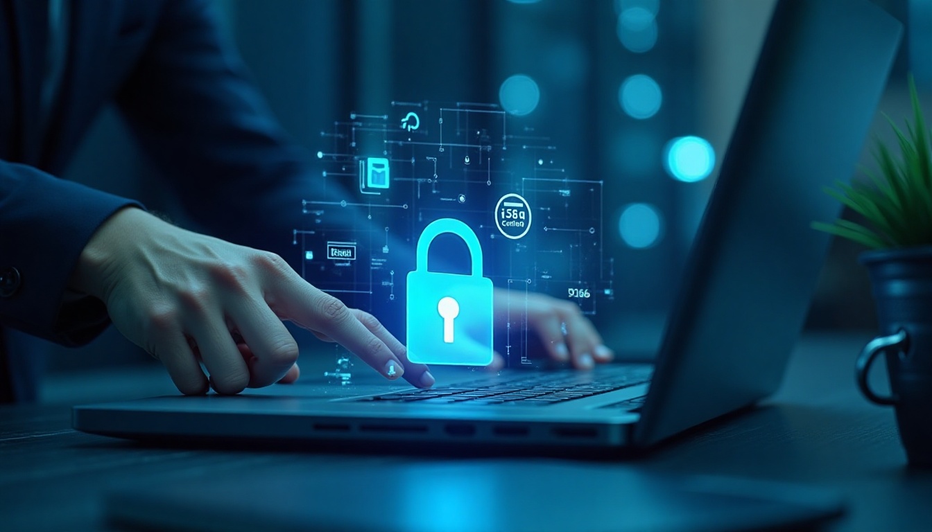 IT-Spezialist führt zertifizierte Datenlöschung mit Blancco auf einem Laptop durch, digitale Sicherheitssymbole und Schlossgrafik verdeutlichen Datenschutz und DSGVO-Konformität