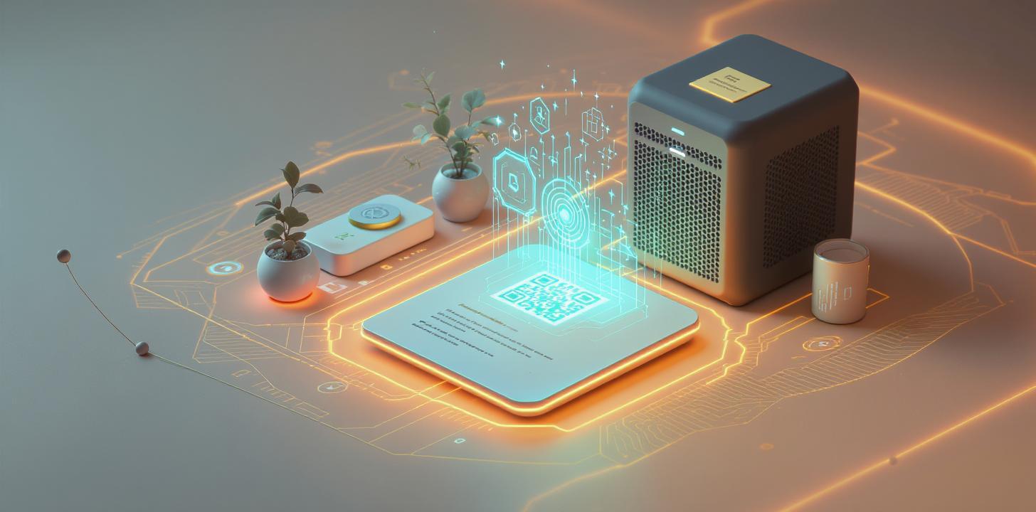 Digitaler Produktpass mit QR-Code auf nachhaltigem IT-Gerät in modernem, kreislauforientierten Design