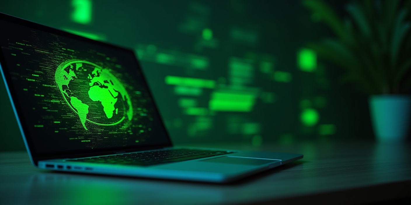 Digital Product Passport – Laptop zeigt digitalen Ausweis mit Nachhaltigkeits-Informationen in moderner IT-Umgebung