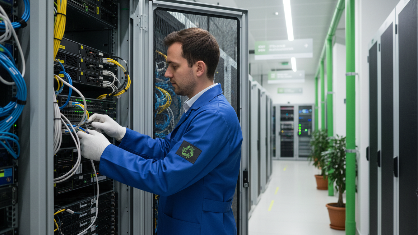 Techniker optimiert Server für klimaneutrale Net Zero IT Operations bei ReUsed-IT