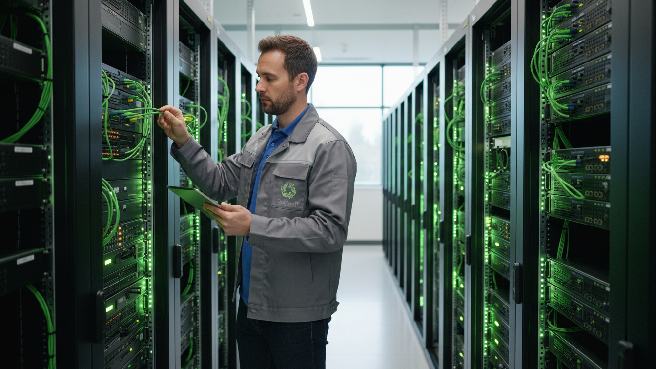 Techniker optimiert nachhaltige Cloud-Migration in grünem Rechenzentren bei ReUsed-IT