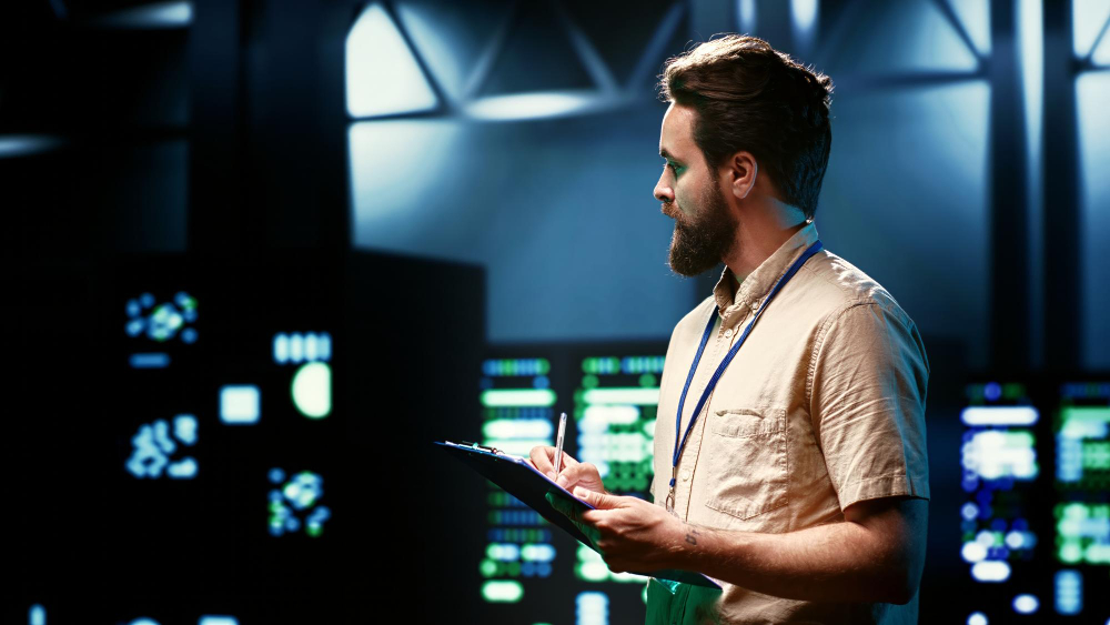 Techniker plant nachhaltige Data Center Architecture im ReUsed-IT Rechenzentrum