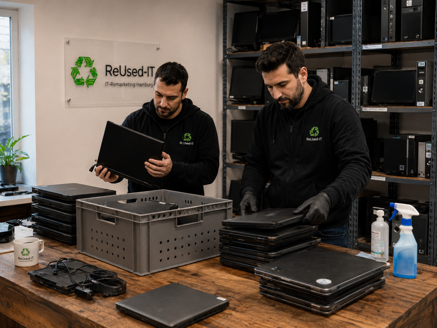Techniker prüft gebrauchte Geräte im ReUsed-IT Labor für den IT-Hardware Ankauf und die nachhaltige Wiederverwendung von CPUs und Monitoren.