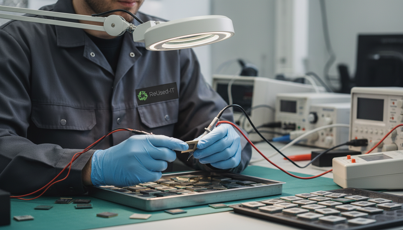 Techniker bewertet gebrauchte Prozessoren im ReUsed-IT Labor zur Ankauf CPU Preis-Ermittlung und fairen Wiederverwertung.