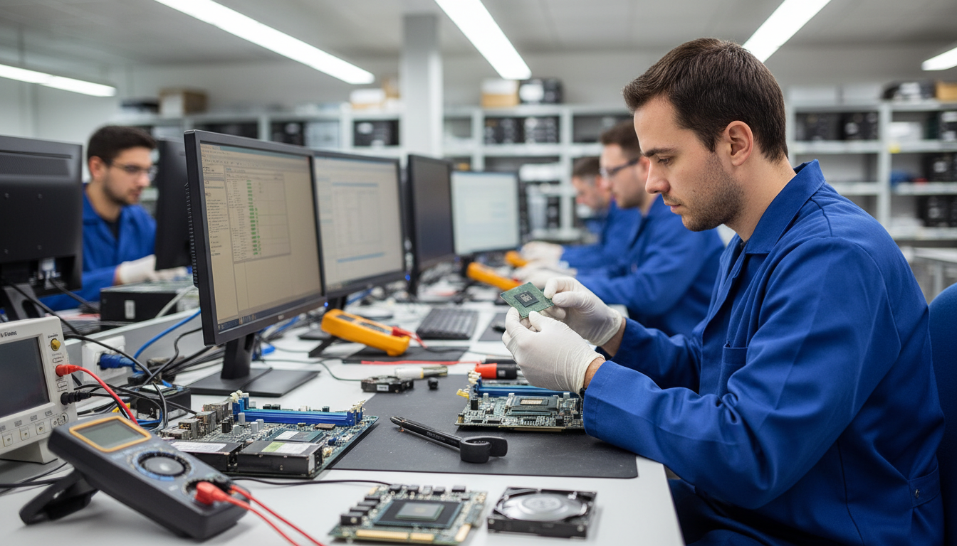 Techniker prüft gebrauchte Geräte im ReUsed-IT Labor für den IT-Hardware Ankauf und die nachhaltige Wiederverwendung von CPUs und Monitoren.