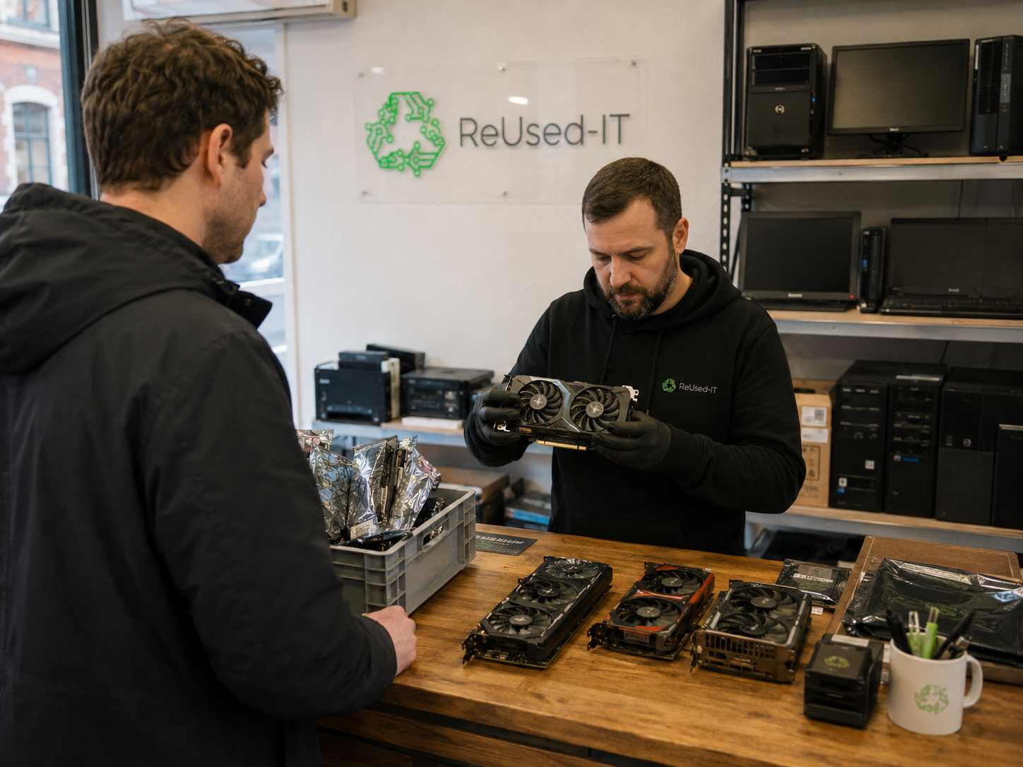 Techniker analysiert nachhaltige IT-Systeme mithilfe eines digitalen Zwillings bei ReUsed-IT