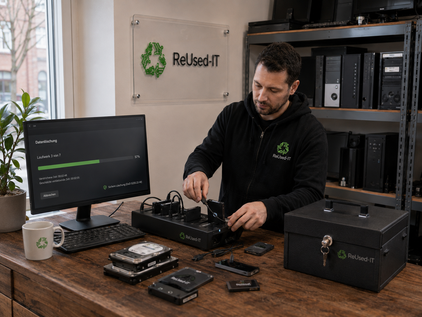 Techniker organisiert im ReUsed-IT-Labor das IT End-of-Life Management für die umweltgerechte Stilllegung und Wiederverwendung von Unternehmenshardware.