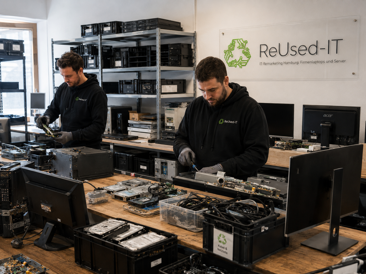 Techniker bereitet gebrauchte Hardware im ReUsed-IT-Labor für das IT Remanufacturing auf – nachhaltige Wiederverwertung in der Kreislauf-IT.