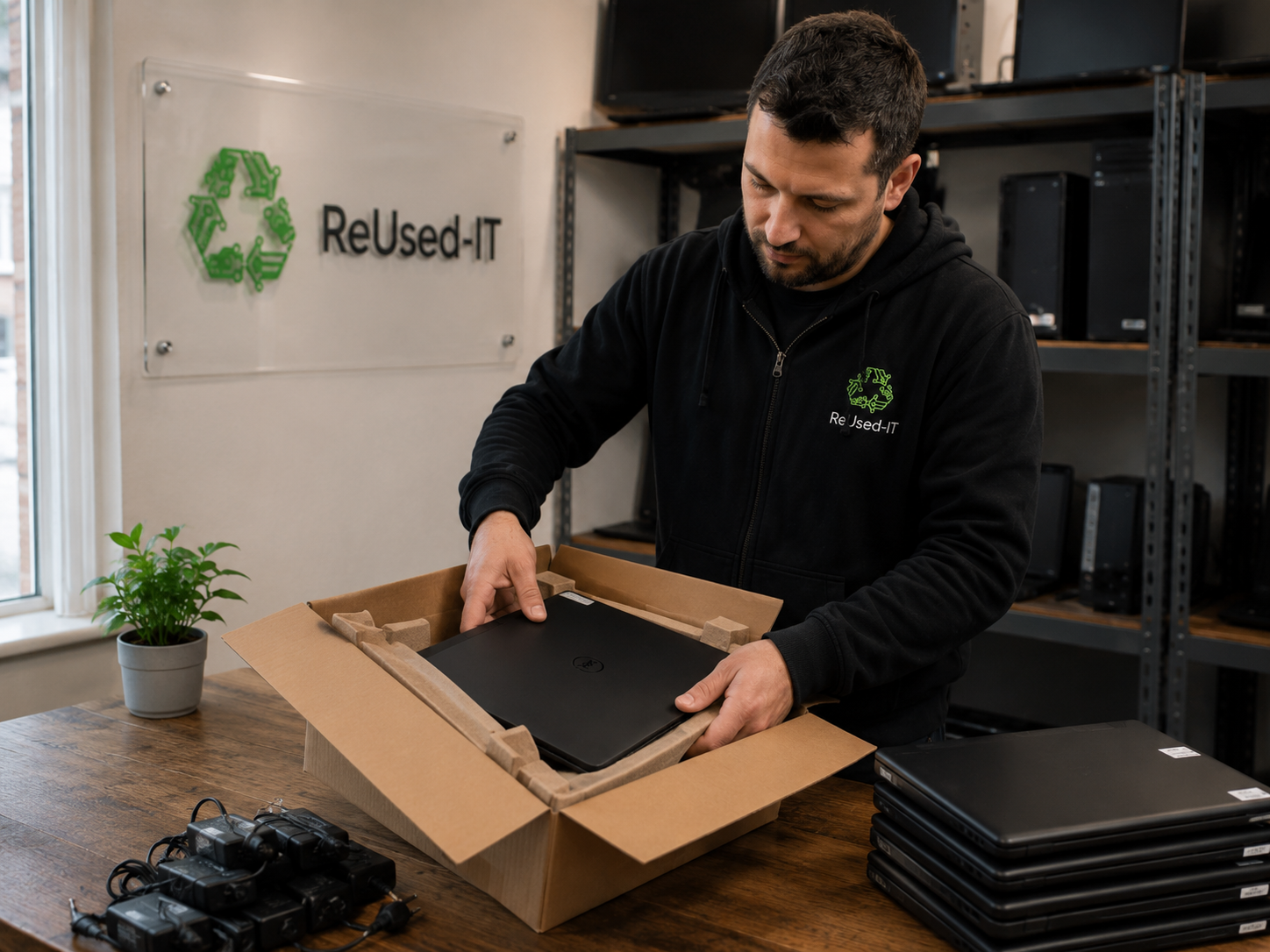 Techniker analysiert CO₂-Bilanz von IT-Systemen auf einer IT Carbon Accounting Plattform im ReUsed-IT-Labor