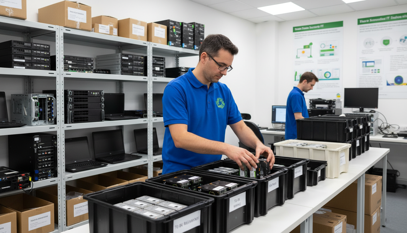 Techniker organisiert im ReUsed-IT-Labor das IT End-of-Life Management für die umweltgerechte Stilllegung und Wiederverwendung von Unternehmenshardware.