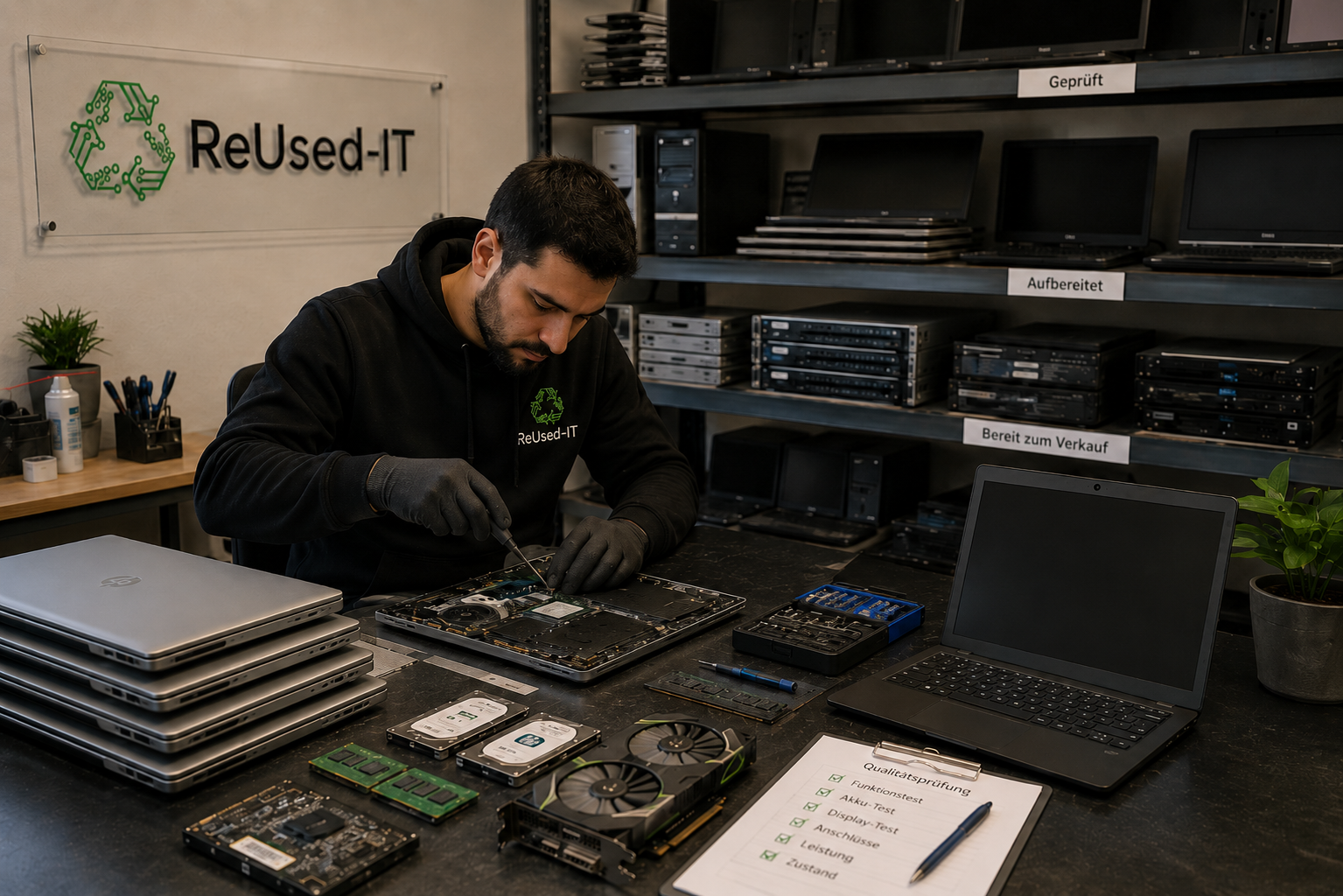 Reihe von Laptops in einem modernen Büro mit minimalistischem Design, symbolisiert professionelle Arbeitsumgebung und nachhaltige IT-Refurbishmet.