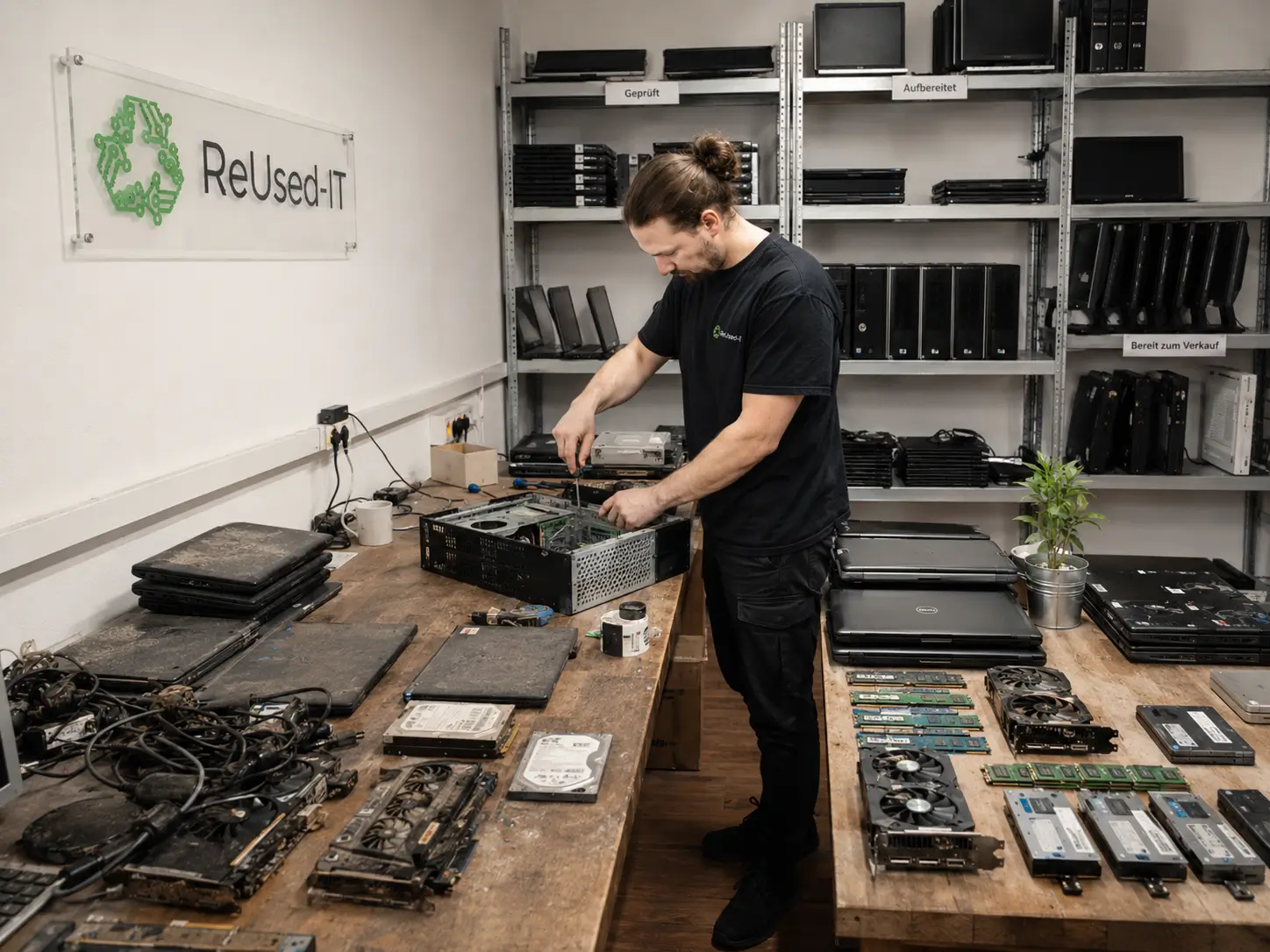 Mitarbeiter arbeiten an modernen, umweltfreundlichen IT-Geräten in einem Büro mit grünen Pflanzen und Recycling-Symbolen, die Nachhaltigkeit und IT-Aufbereitung betonen.