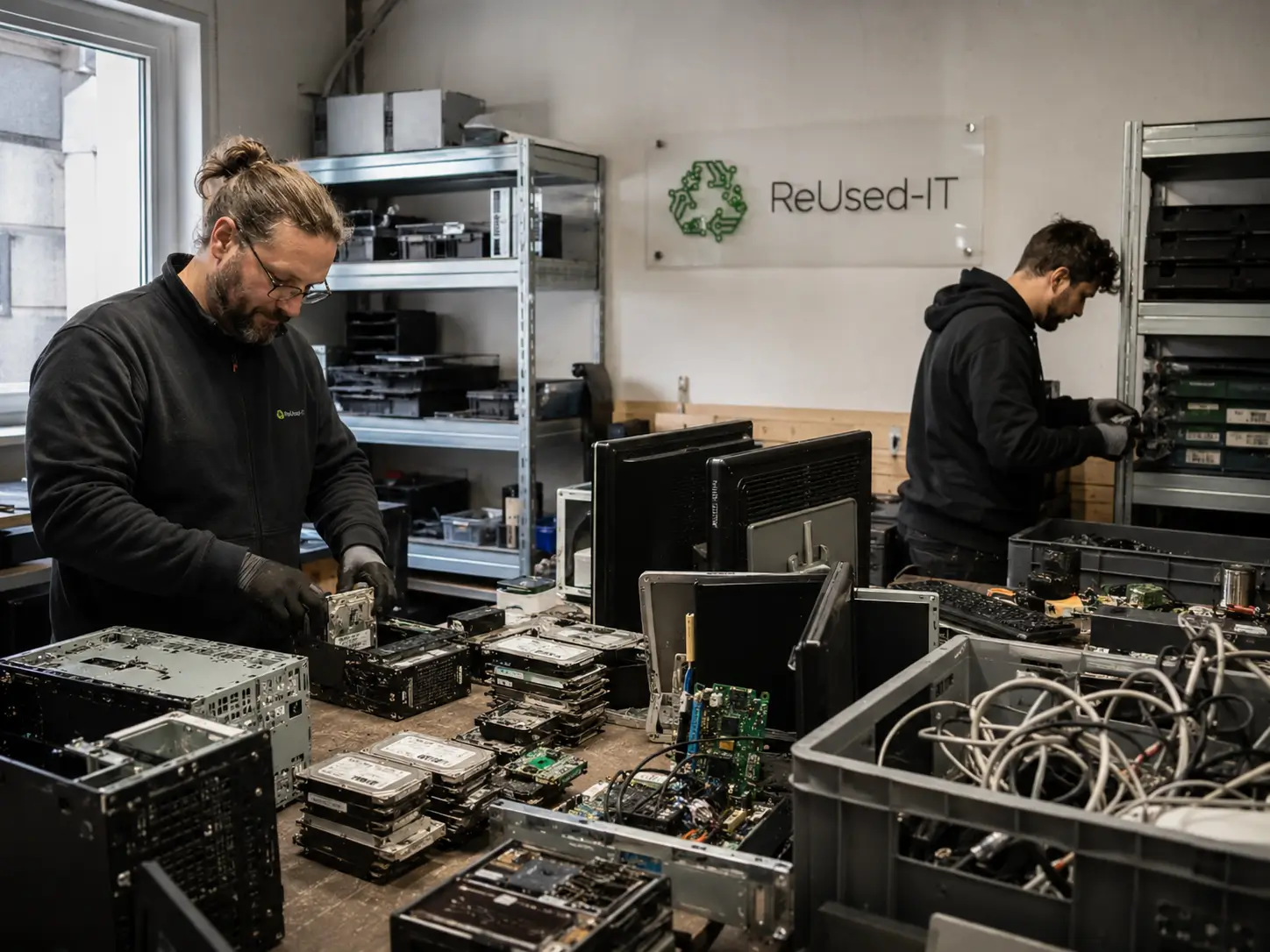 Moderne IT-Recycling-Anlage mit Mitarbeitern, die Laptops und elektronische Geräte verarbeiten und nachhaltiges Ressourcenmanagement fördern.