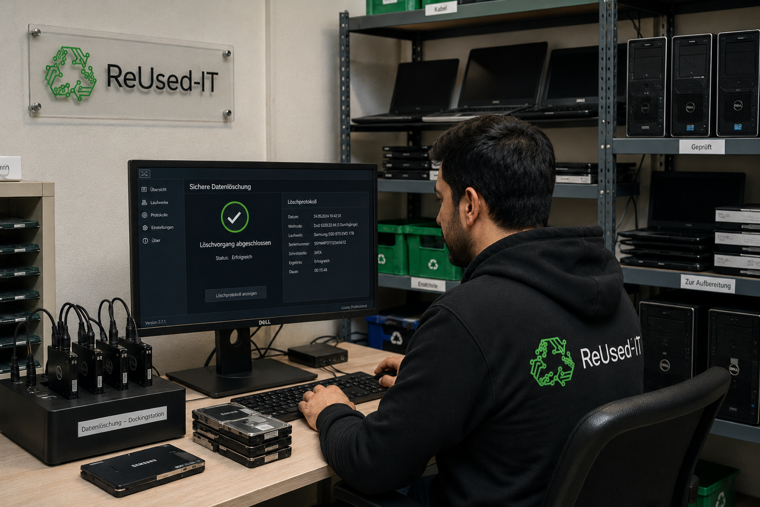 IT-Experte in einem modernen Rechenzentrum bei der Verwaltung von sicherer Datenlöschung zur Einhaltung der DSGVO und Förderung der Nachhaltigkeit.