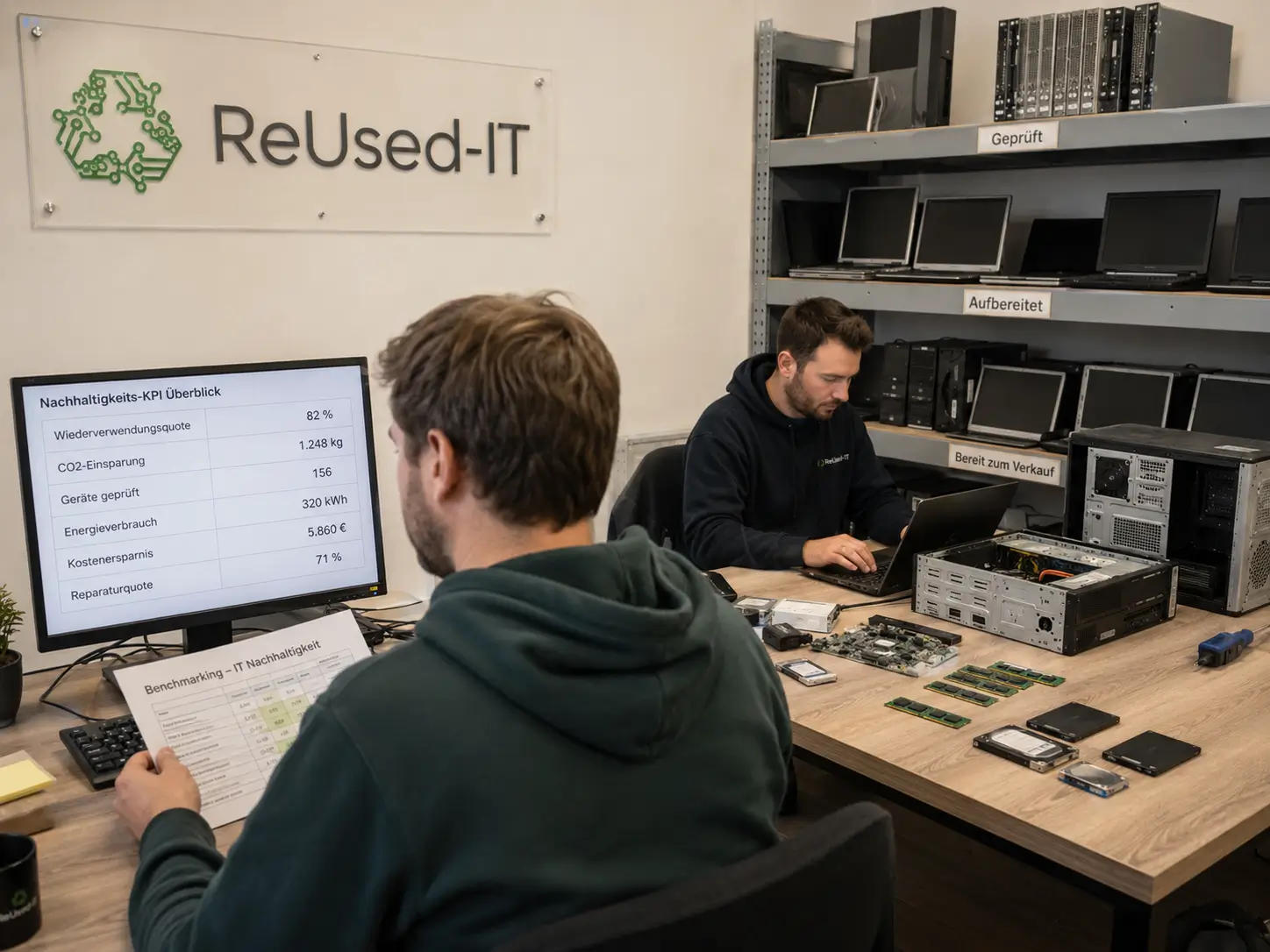 Techniker analysiert ESG-Kennzahlen und KPIs im Sustainable IT Benchmarking bei ReUsed-IT