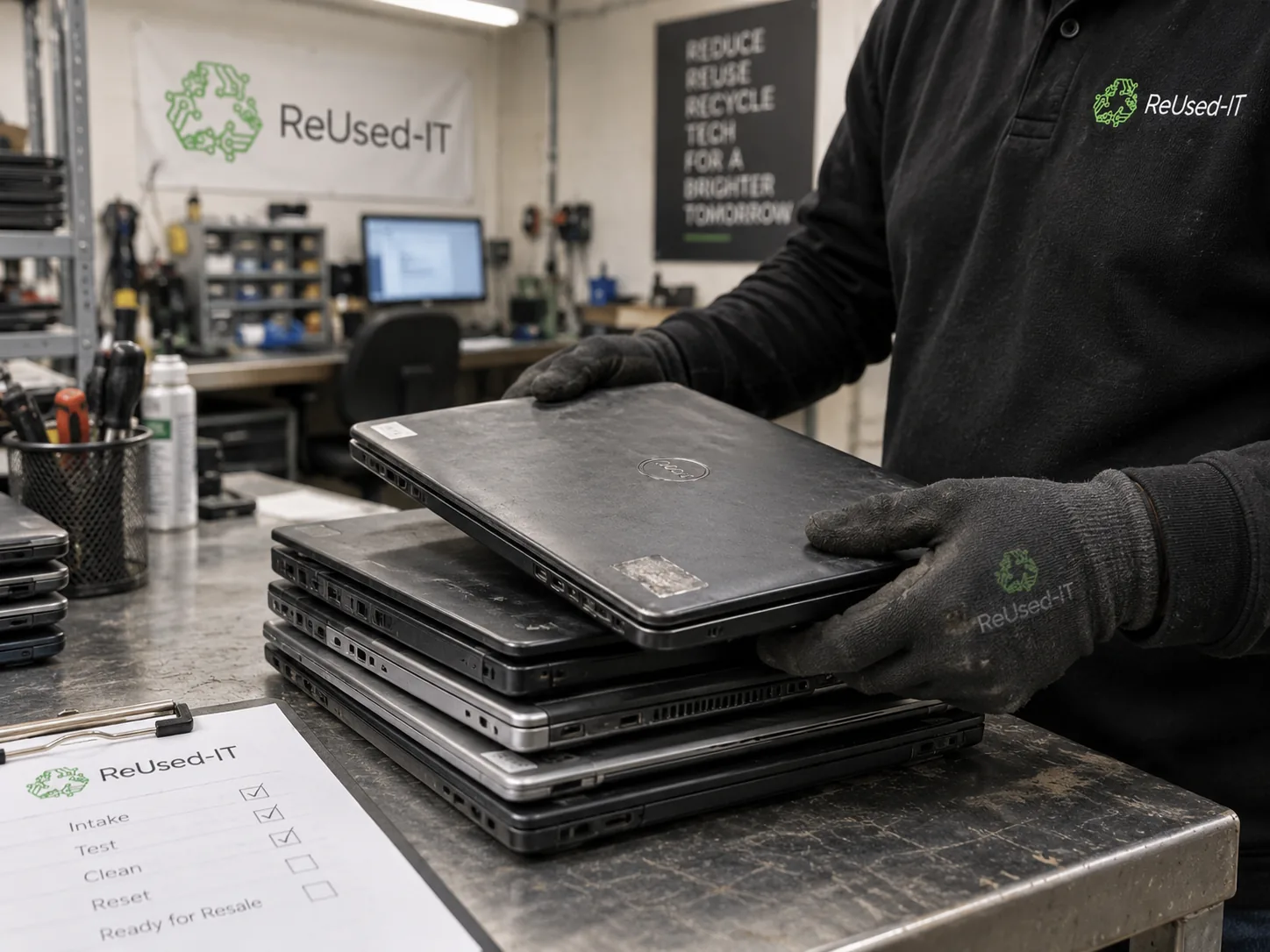 ReUsed-IT Techniker prüft einen gebrauchten Business-Laptop für einen möglichen Akkutausch
