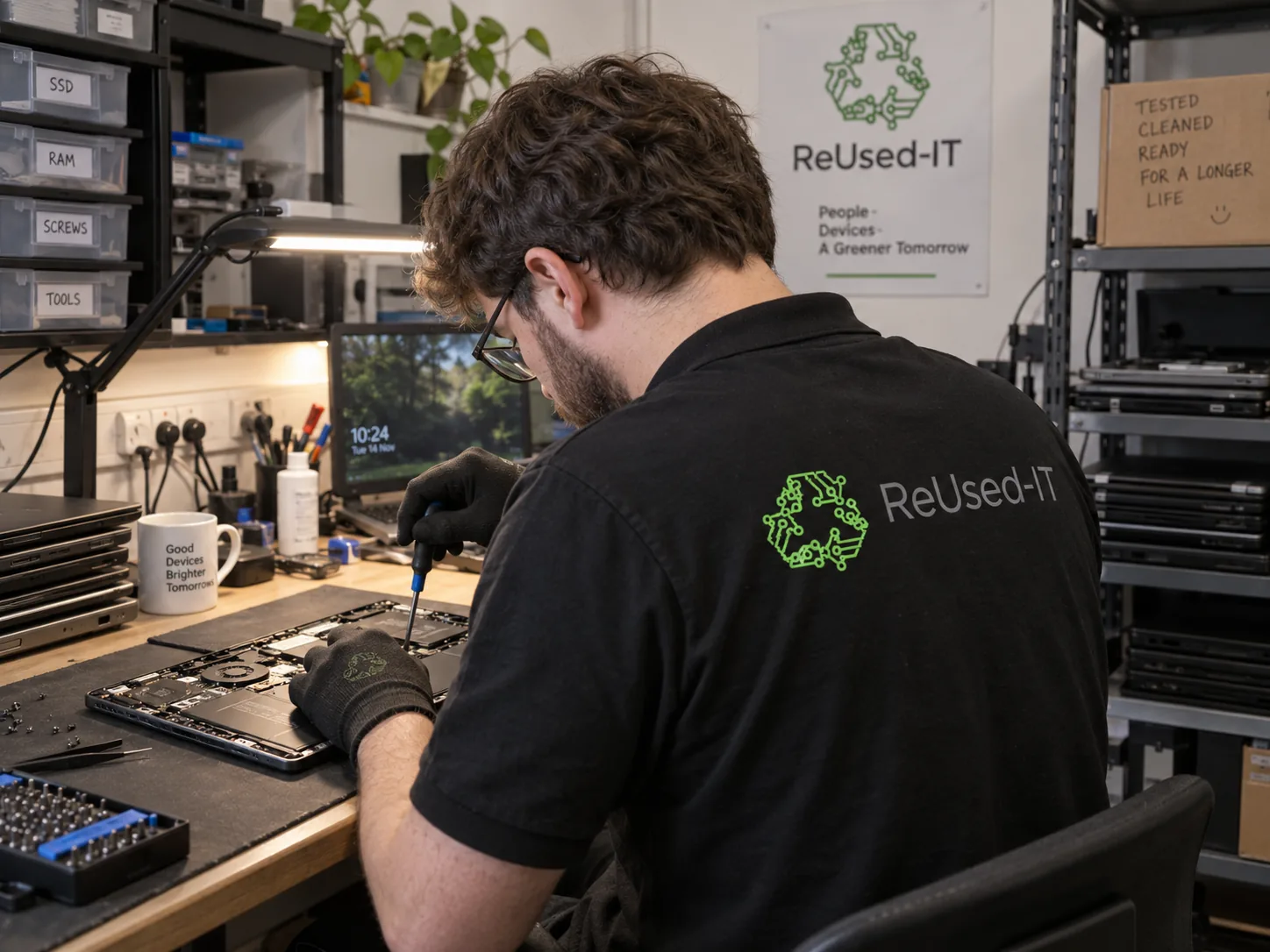 ReUsed-IT Techniker rüstet einen Business-Laptop mit RAM und SSD auf