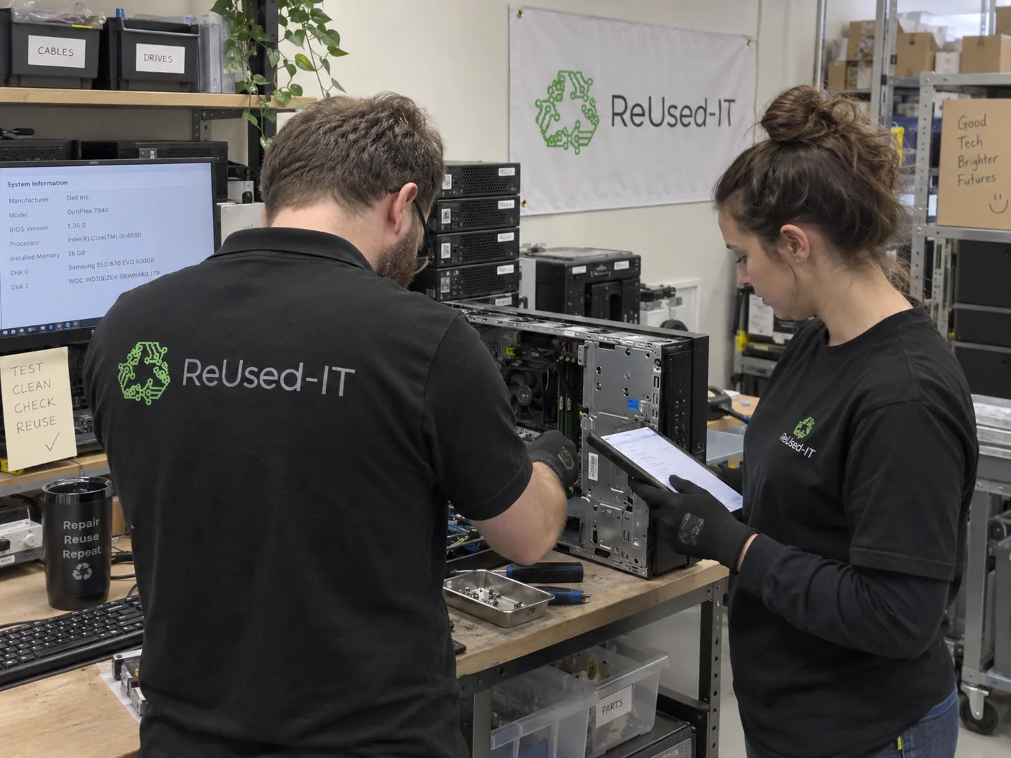 ReUsed-IT Mitarbeiter prüfen und sortieren unterschiedliche IT-Hardware nach einer Firmenkonsolidierung