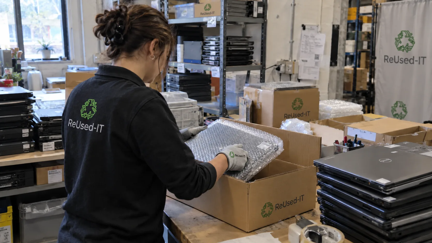 Mitarbeiter von ReUsed-IT verpackt refurbished Business-Hardware für den Versand