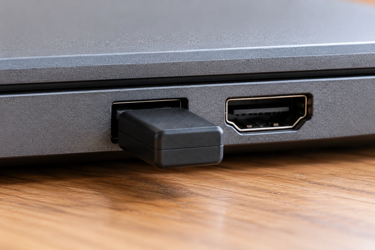 Kleiner USB-Stecker in der seitlichen Buchse eines Notebooks neben einem freien Bildschirmanschluss.