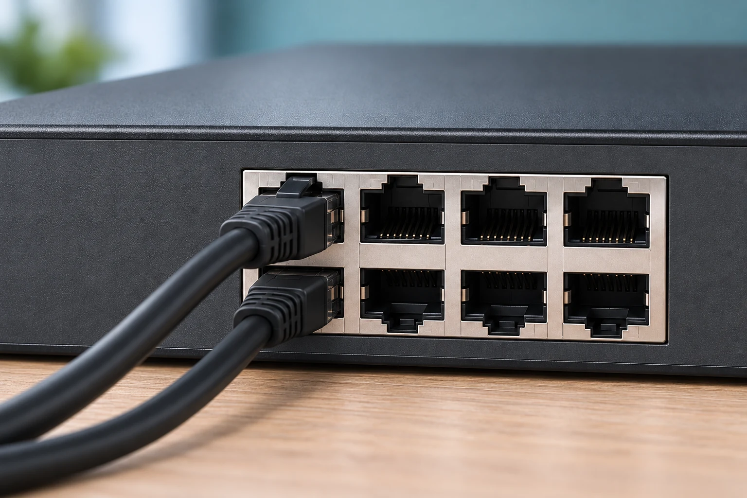 Netzwerkgerät mit acht sichtbaren Ethernet-Buchsen und zwei eingesteckten Netzwerkkabeln.