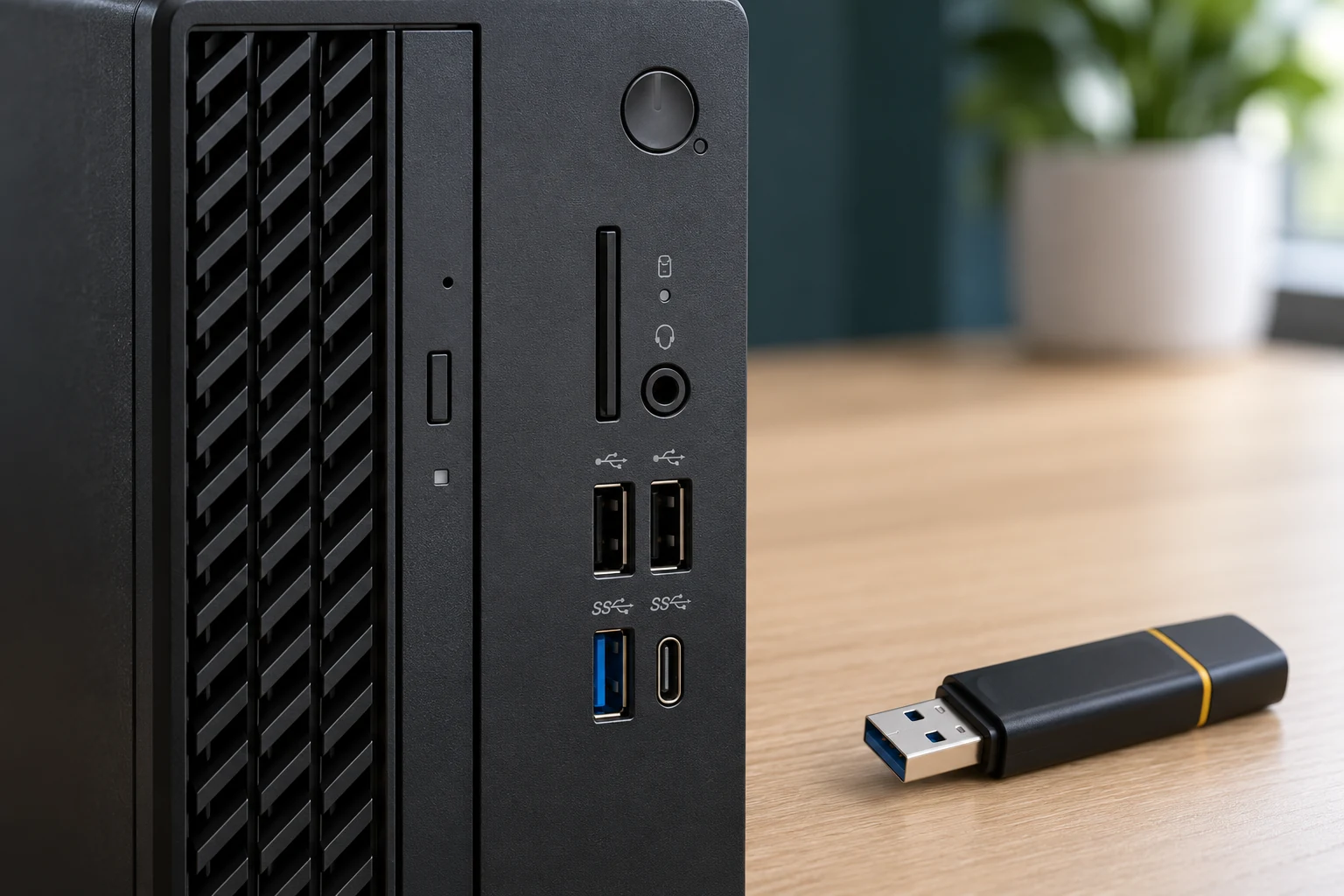 Vorderseite eines schwarzen Desktop-PCs und ein danebenliegender USB-Stick.